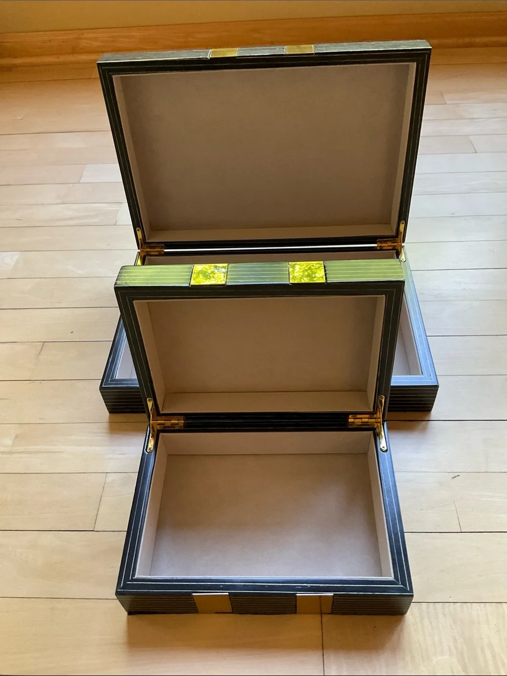 Modern Decorative Wood Box Set with Inlaid Brass Accents